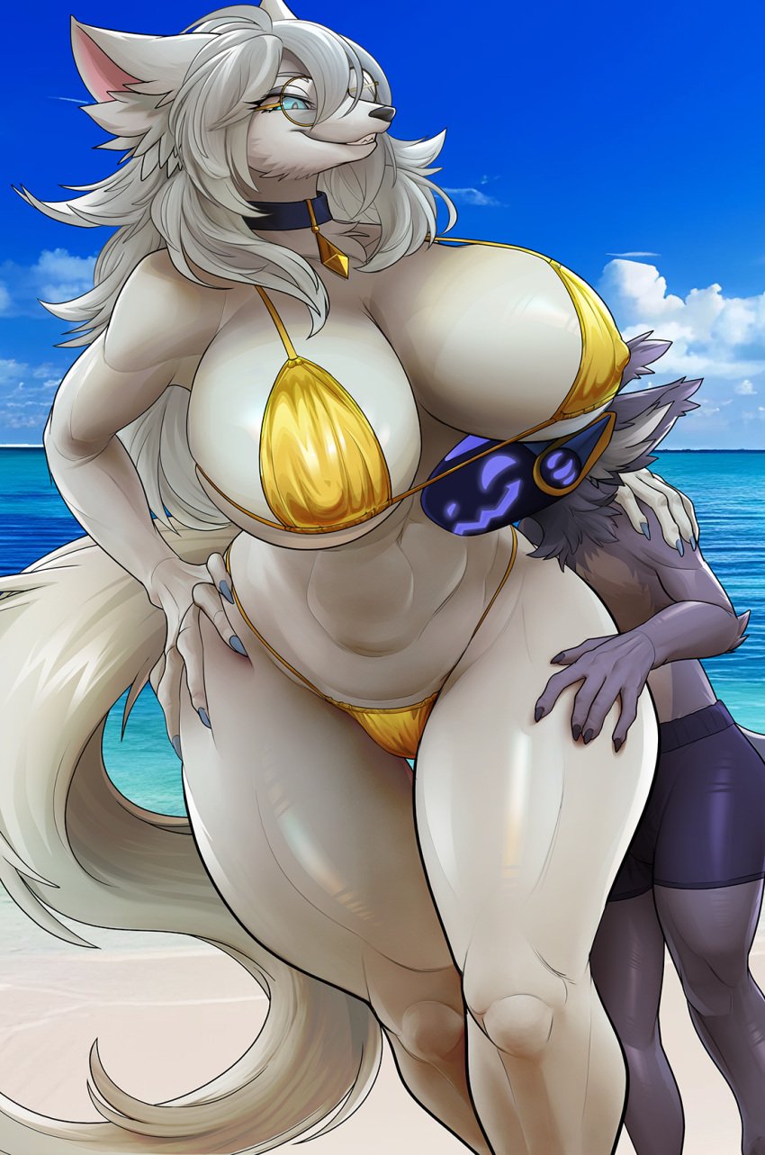 1boy1girl anthro beach big_hips big_thighs bikini blue_eyes busty canine cloud detailed_background duo front_view furry furry_only glasses gold_bikini hand_on_hip hand_on_leg hand_on_own_hip hand_on_thigh huge_breasts kittell_(artist) larger_female long_hair long_tail looking_away mammal midriff multicolored_body neckwear nyova oc_only ocean original original_character outdoors protogen round_glasses sand seaside size_difference sky smaller_male smile standing swim_trunks swimsuit three-quarter_portrait water white_body white_hair white_tail wolf