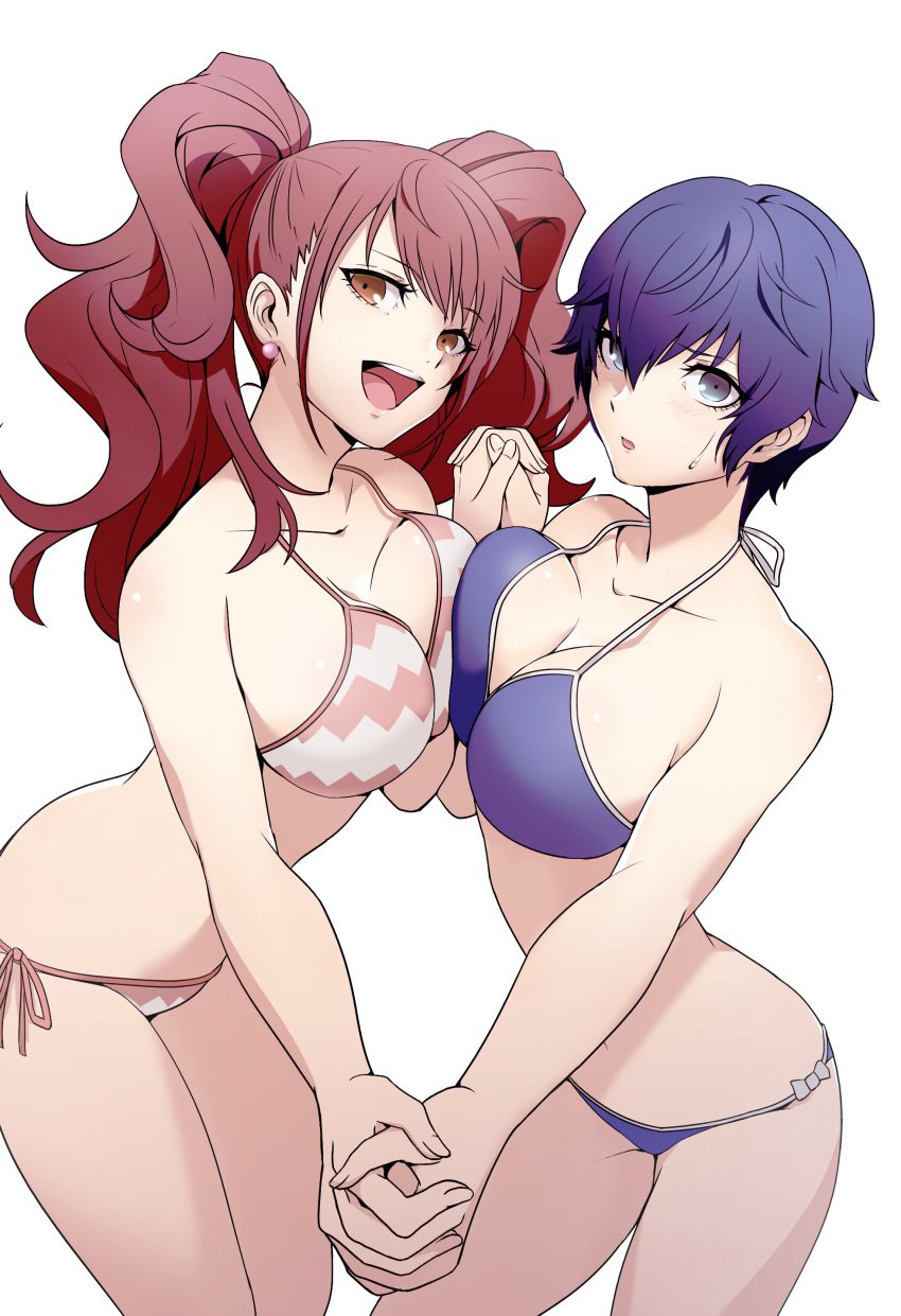 2girls absurdres alternate_breast_size bikini blue_bikini blue_eyes bob_cut breast_press breasts brown_eyes brown_hair collarbone earrings hair_between_eyes halterneck highres holding_hands igusaharu interlocked_fingers jewelry kujikawa_rise large_breasts long_hair looking_at_viewer multiple_girls open_mouth persona persona_4 pink_bikini pink_ribbon purple_hair ribbon shirogane_naoto short_hair side-tie_bikini_bottom sideboob simple_background string_bikini sweatdrop swimsuit symmetrical_docking white_background