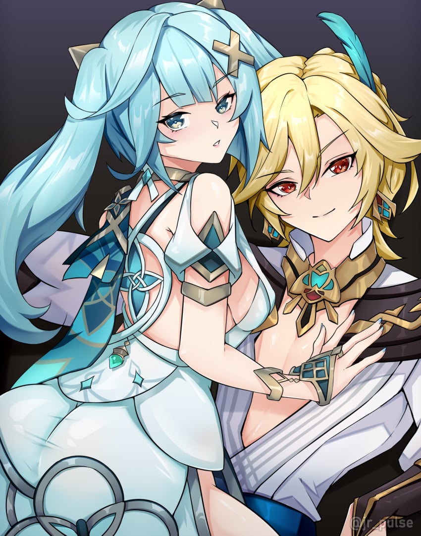 1boy 1girls bare_chest blonde_hair blonde_hair_male blue_eyes blue_hair faruzan_(genshin_impact) feather_hair_ornament feathers female genshin_impact hand_on_chest kaveh_(genshin_impact) leaning_on_person light_skin male male/female on_lap sideboob straight