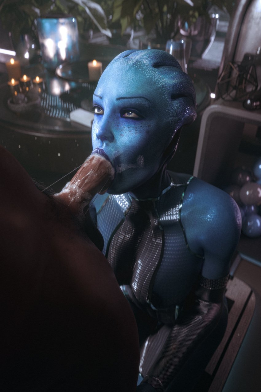 1boy 1girls 3d alien asari bioware blowjob blue_skin breasts ceeeeekc deepthroat deepthroat_no_hands eye_contact fellatio foam interspecies kneeling liara_t&#039;soni mass_effect nipples oral saliva see-through_clothing xenophilia