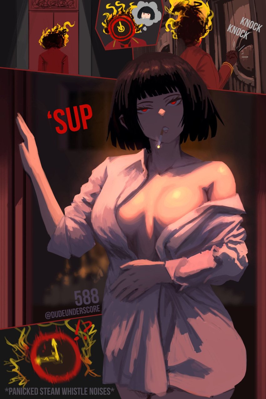 bob_cut cigarette dudeunderscore limbus_company medium_breasts project_moon red_eyes ryoshu_(limbus_company) short_hair sleep_wear