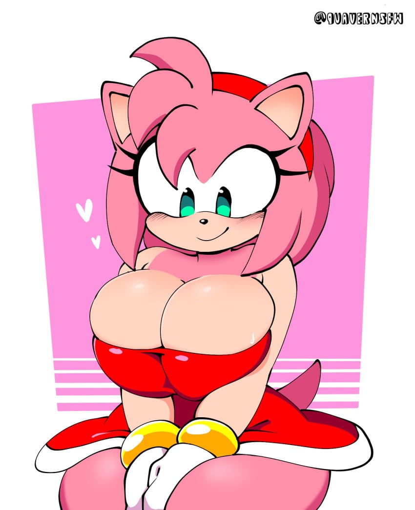 <3 2024 amy_rose black_nose blush breasts_together cleavage clothed clothing female female_only furry hair hair_band heart heart_symbol hi_res huge_breasts looking_down pink_body pink_hair quavernsfw sega simple_background smile solo sonic_(series) squeezing_breasts