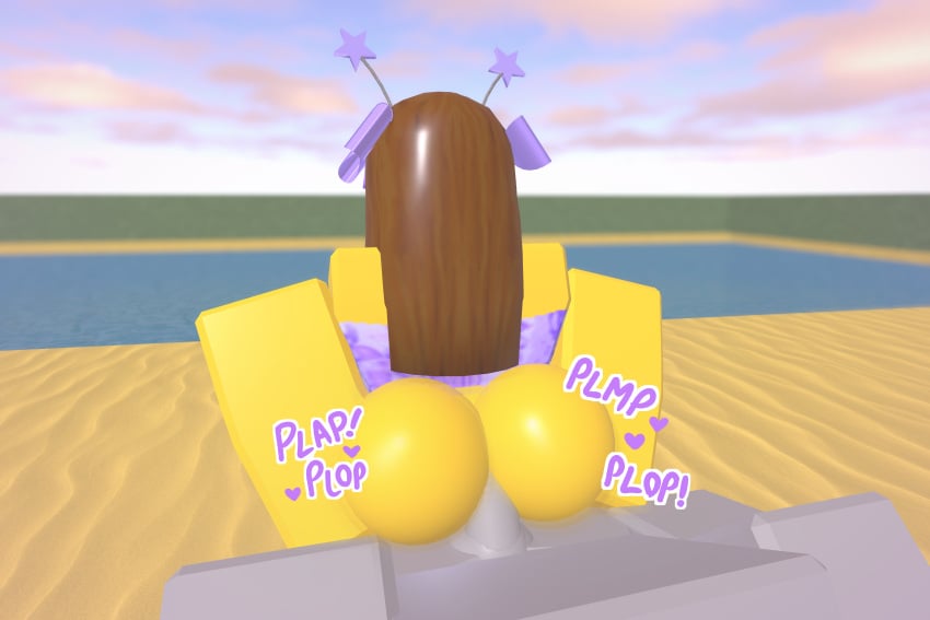 1boy 1boy1girl 1girls 3d anal anal_sex beach_background blocky_body bloxzrd brown_hair different_angle female purple_bikini roblox roblox_avatar robloxian shiny_butt text yellow_body yellow_skin