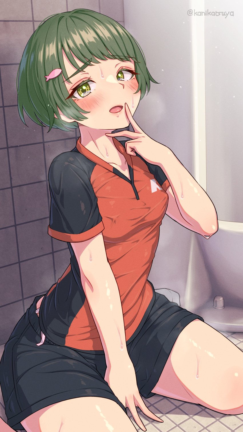 absurdres bathroom blush clothes collarbone collared_shirt covered_erect_nipples female fingers_to_mouth fish_hair_ornament green_eyes green_hair hair_ornament highres kanikatsuya looking_at_viewer orange_shirt original restroom shirt short_hair shorts sitting sitting_on_floor small_breasts socks solo solo_focus sportswear string_panties sweat thighs toilet tongue two-tone_shirt urinal