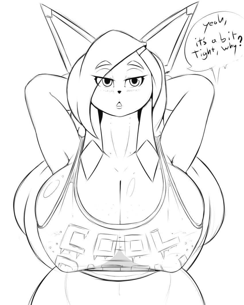 1girls anthro areolae areolae_visible_through_clothing arms_behind_head belly_button blush cleavage cleavage_window clothing dialogue digital_drawing_(artwork) digital_media_(artwork) eeveelution eyelashes female female_focus female_only glaceon line_art long_ears long_hair looking_at_viewer navel nintendo nipples nipples_visible_through_clothing open_mouth original_character pinup pokemon pokemon_(species) quin-nsfw shiny_skin shirt showing_off sideboob solo solo_female solo_focus standing tagme talking_to_viewer