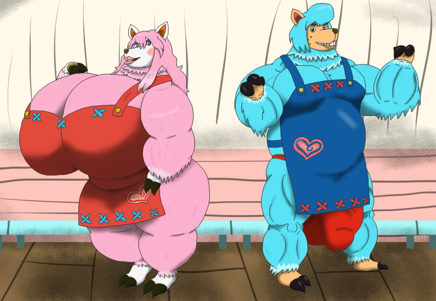 alpaca alythewolfcat animal_crossing anthro apron apron_only belly big_belly big_breasts big_bulge breasts bulge camelid clothing cyrus_(animal_crossing) duo female hi_res huge_breasts huge_bulge husband_and_wife hyper hyper_breasts hyper_bulge male mammal married_couple musclegut muscular muscular_male nintendo overweight overweight_female pointing_at_breasts pointing_at_bulge reese_(animal_crossing) speedo swimwear