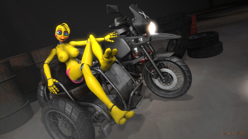 1girls 3d animatronic anthro avian bedroom_eyes big_breasts breasts chicken feet five_nights_at_freddy's five_nights_at_freddy's_2 hawkvally looking_at_viewer motorcycle nipples nude nudity partial_nudity paws raised_eyebrow solo toes topless toy_chica_(fnaf) vehicle video_games