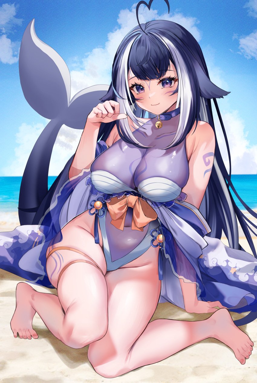 2024 2d_(artwork) ahoge bangs bare_shoulders barefoot beach big_breasts black_hair blue_hair blue_sky blue_swimsuit blush body_markings breasts closed_mouth cloud day eyebrows_visible_through_hair face_markings feet female full_body heart_ahoge indie_virtual_youtuber large_breasts long_hair looking_at_viewer markings multicolored_hair ocean outdoors purple_eyes sand shylily sitting sky smile solo streaked_hair thick_eyebrows two-tone_hair very_long_hair virtual_youtuber vtuber water yuniiho