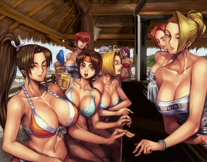 angel_(kof) ass athena_asamiya bandana bartender beach belly bending_forward bending_over bent_forward bent_over big_breasts bikini bikini_bottom bikini_top blonde_hair blue_bikini blue_clothing blue_eyes blue_hair blue_mary braid braided_ponytail breasts brown_eyes brown_hair busty cleavage closed_eyes clothed cute cute_face dress drink earrings female from_behind glass hair_ornament headband huge_breasts japanese jewelry king_of_fighters leona_heidern light-skinned_female light_skin long_hair looking_at_viewer mai_shiranui mature_(kof) multiple_girls one_eye_closed one_eye_covered one_eye_obstructed open_mouth pale-skinned_female pale_skin ponytail purple_eyes purple_hair red_bikini red_clothing red_hair sea shermie_(kof) short_hair sitting smile smiley_face standing table thick_thighs thighs tied_hair tight_clothes tight_clothing tummy vanessa_(kof) voluptuous voluptuous_female water white_bikini white_clothing white_hair wide_hips wink wood yuri_sakazaki