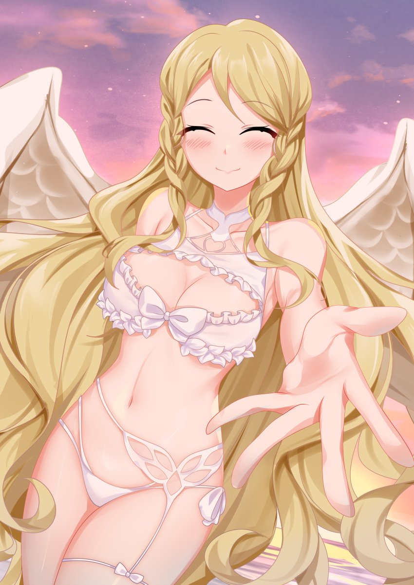 1girls absurdres alternate_costume angel_wings big_breasts bikini bird blonde_hair blush bow breasts chrita cleavage closed_eyes commission feathered_wings female female_only fire_emblem fire_emblem:_path_of_radiance fire_emblem:_radiant_dawn frilled_bikini frills heron highres lady_avalon_(fate) laguz_(fire_emblem) large_breasts leanne_(fire_emblem) long_hair merlin_(fate/prototype) nintendo pov reaching reaching_towards_viewer smile sunset swimsuit thighs very_long_hair white_bikini white_swimsuit white_wings wings