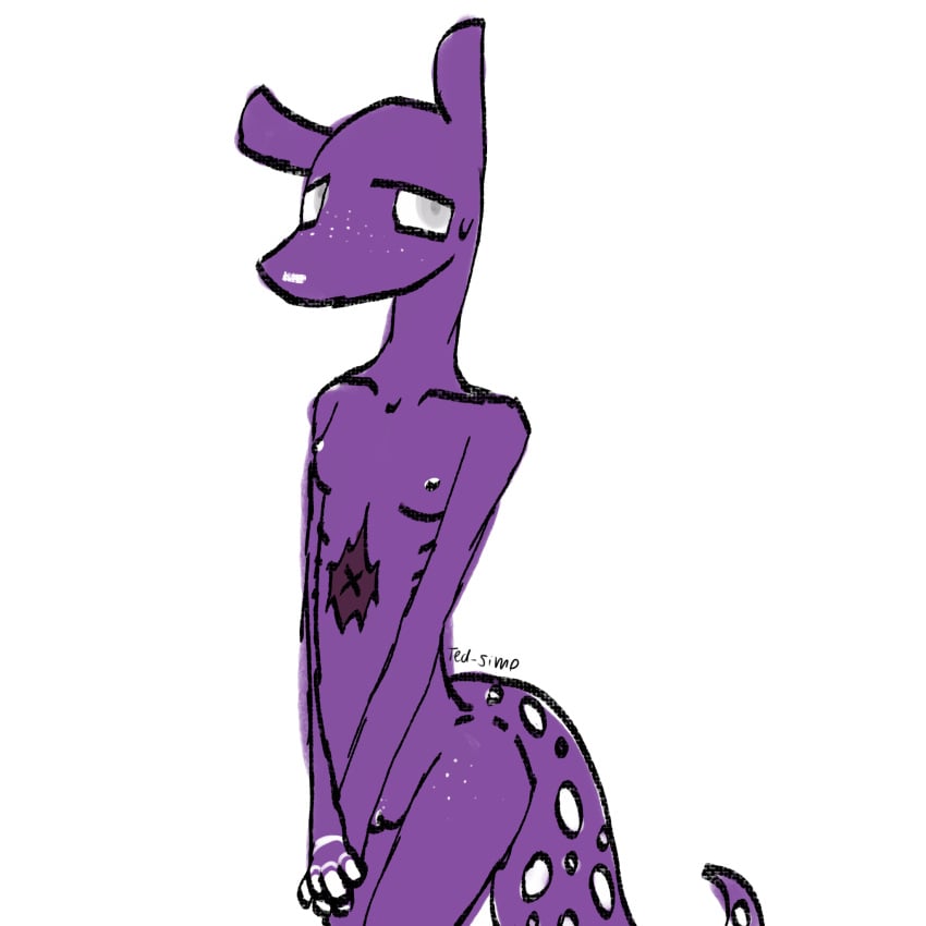 anthro female flat_breasts freckled_legs freckled_thighs freckles grey_pupils hi_res mouthless nipples pupils purple_body rain_world scar skinny skinny_female slugcat solo spearmaster_(rain_world) ted-simp videocult white_eyes white_fingers white_freckles white_nipples