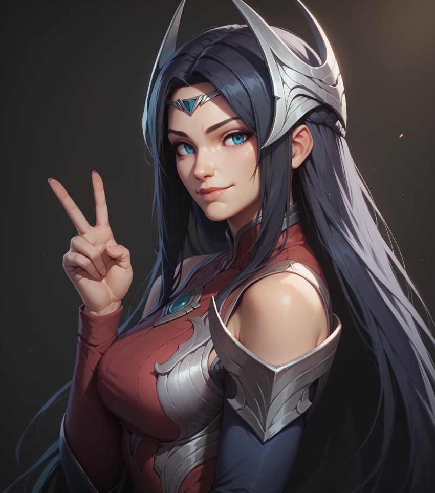 ai_generated alternate_version_available bare_shoulders blue_eyes blue_hair irelia_xan league_of_legends long_hair looking_at_viewer peace_sign preview queensphynx riot_games sfw smiling smiling_at_viewer v v_sign