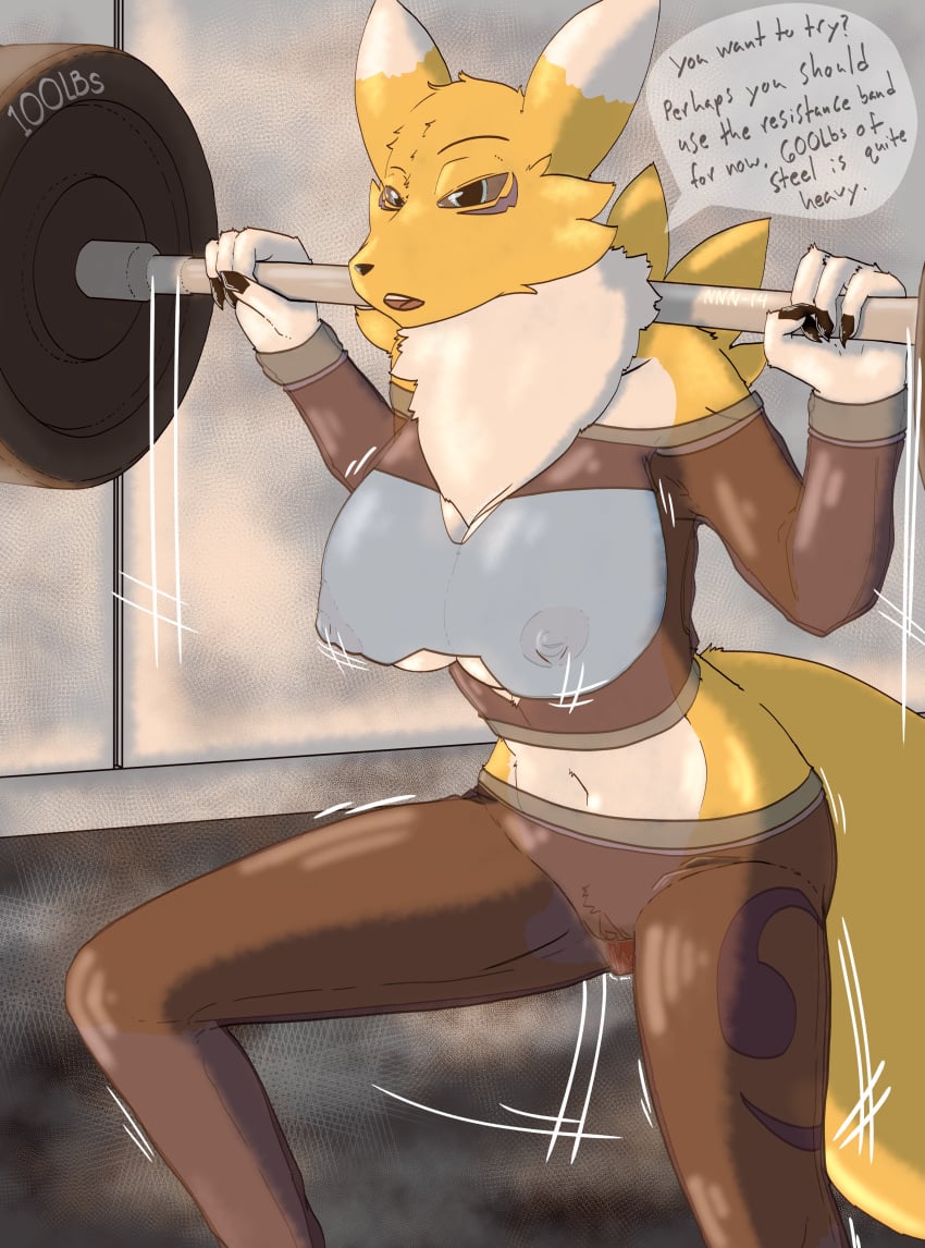 absurd_res anthro athletic_wear bandai_namco barbell big_breasts black_sclera blue_eyes bodily_fluids breasts canid canine canis clothed clothing digimon digimon_(species) digital_media_(artwork) exercise fan_character female foxylilshrink fur genital_fluids genitals gym_equipment hi_res humanoid looking_at_viewer mammal markings meme nipples no_nut_november open_mouth pussy renamon simple_background solo tail text translucent translucent_clothing tuft white_body white_fur yellow_body yellow_fur