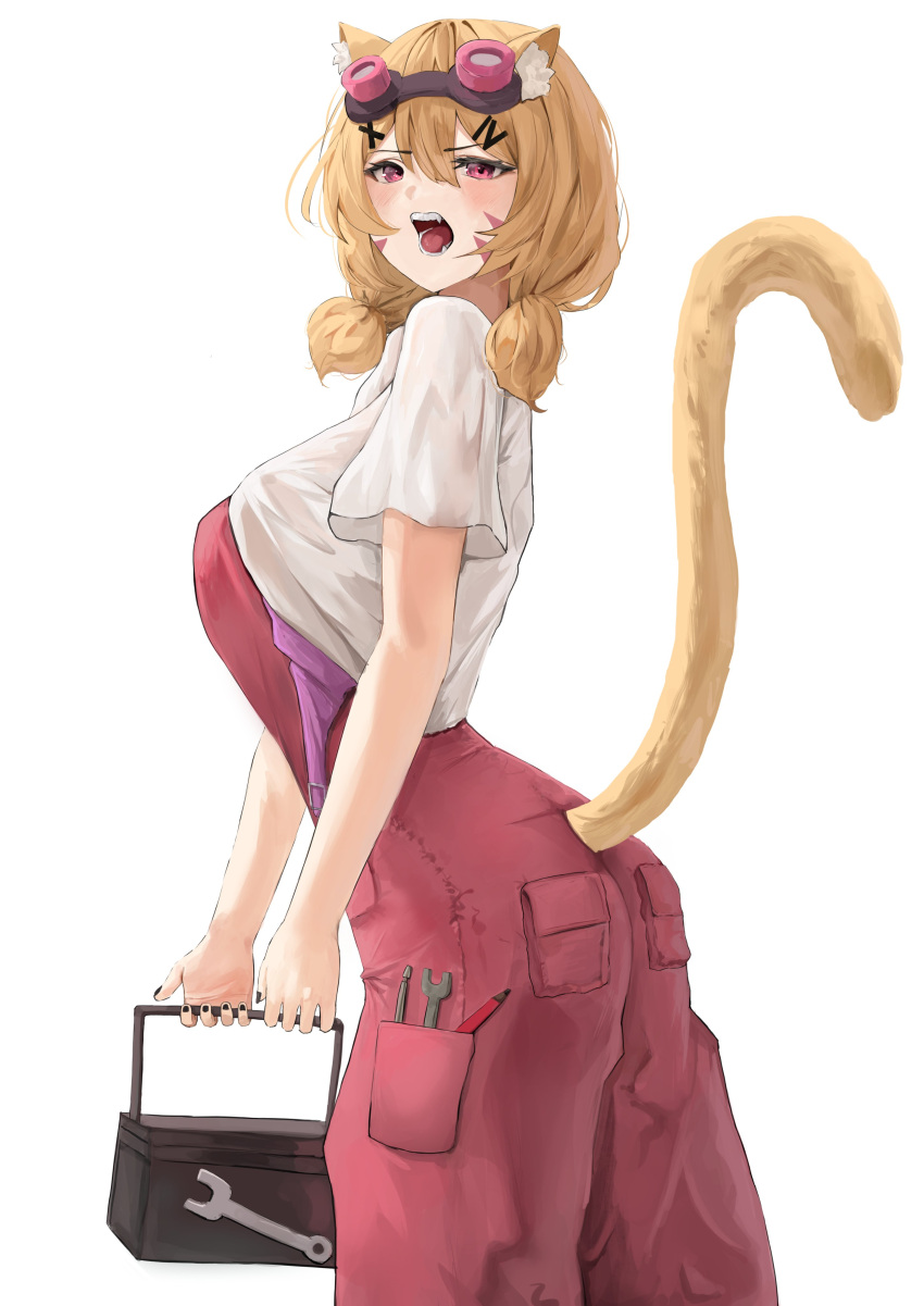 animal_ears ass bag bangs big_breasts blonde_hair blush breasts cat_ears cat_girl cat_tail diagonal_stripes eyebrows_visible_through_hair eyewear_on_head fangs female from_side hair_between_eyes hair_ornament holding holding_bag large_breasts long_hair looking_at_viewer low_twintails older open_mouth pink_eyes red_eyes shirt short_sleeves solo squchan_(vtuber) striped striped_background striped_shirt tail tail_raised teeth tongue twintails vertical_stripes virtual_youtuber vyugen white_shirt