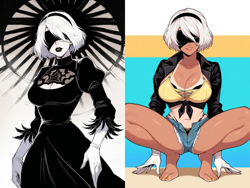 1girls ai_generated barefoot brazilian_miku_(cosplay) cleavage dark-skinned_female goth huge_breasts jean_shorts legs nier:_automata painted_toenails saucy_trove split_screen spread_legs tagme white_hair yorha_2b