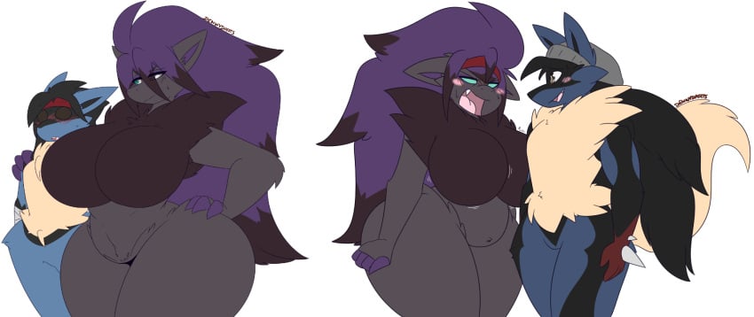 1boy 1girls anthro big_breasts cleavage dart(dewwydartz) dewwydarts dewwydartz female furry game_freak huge_breasts lucario mega_lucario nea(dewwydartz) nintendo pokemon pokemon_(species) tagme thick_thighs white_background wide_hips zoroark