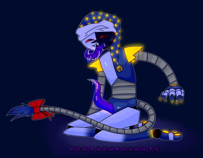 animatronic bell blue_body blue_fur cum cum_drip cum_in_mouth cum_on_body cum_on_face daycare_attendant_(fnaf) fnaf fnafsb glowing glowing_genitalia glowing_markings glowing_penis long_tongue moon moondrop moondrop_(securitybreach) nightcap on_knees original original_artwork paws purple_penis ribbon robot robot_humanoid robotic robotic_furry smile solo solo_male tail tentacle tentacle_dick