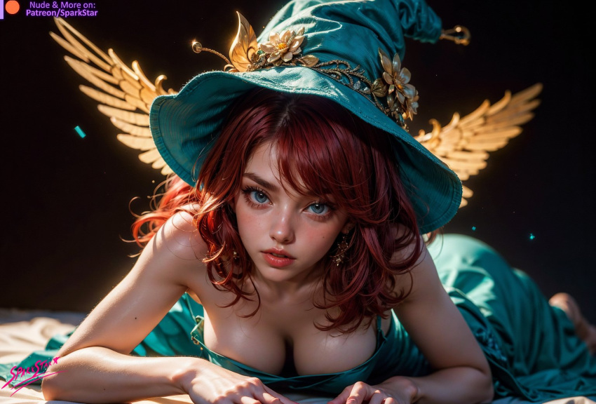 ai_generated ass_up big_breasts blue_eyes cleavage crawling cute_face dress fairy fairy_wings laying_on_stomach looking_at_viewer red_hair soft_lips spark_star witch_hat