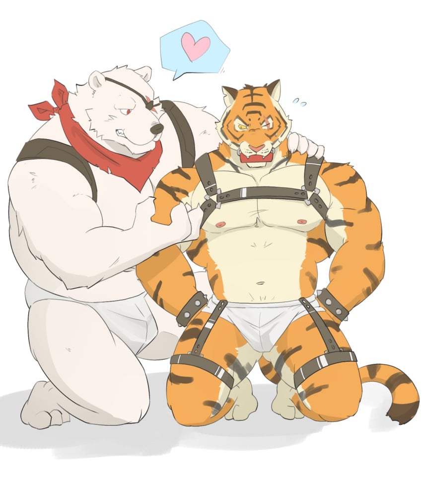 2024 2boys anthro bear bracelet clothing duo epic_games eye_patch eyewear felid fortnite gag gagged garter_straps gay hand_on_shoulder harness heart heart_symbol hi_res jewelry kerchief kneeling looking_at_another malcom508 male male/male mammal muscular muscular_anthro muscular_male notched_ear oscar_(fortnite) overweight overweight_anthro overweight_male pantherine pecs polar_bear polar_patroller scar spiked_bracelet spikes tail tiger underwear ursine