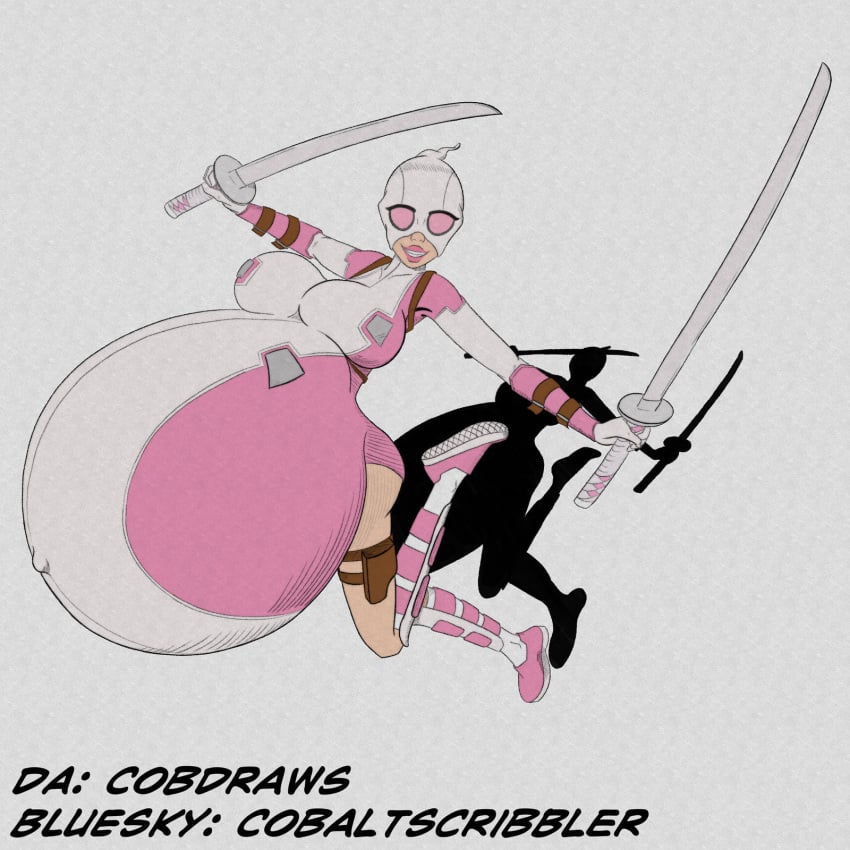 bare_thighs belly belly_button big_belly blonde_female blonde_hair blonde_hair busty cobaltscribbler female gloves gwen_poole gwenpool hood huge_belly huge_breasts hyper_pregnancy hyperpregnancy katana marvel marvel_comics massive_breasts navel outie_navel preg pregnancy pregnant superheroine sword