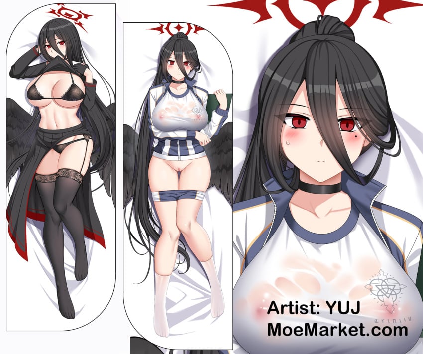 black_hair blue_archive dakimakura female hasumi_(blue_archive) huge_breasts looking_at_viewer no_bra red_eyes see-through_clothing wings