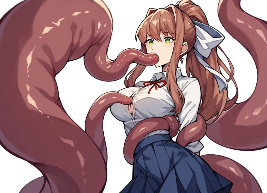 ai_generated blue_skirt brown_hair doki_doki_literature_club green_eyes monika_(doki_doki_literature_club) rape tentacle tentacle_between_breasts tentacle_blowjob tentacle_in_mouth tentacle_rape tentacle_sex white_hair_bow white_shirt