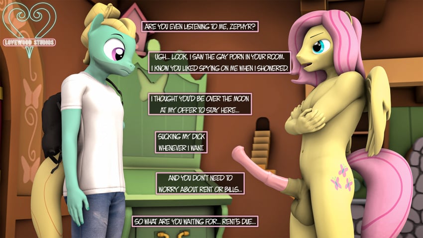 3d_(artwork) animal_genitalia animal_penis anthro balls blonde_hair bottomwear brother_(lore) brothers_(lore) clothed clothing dialogue digital_media_(artwork) english_text equid equine equine_genitalia equine_penis fluttershy_(mlp) friendship_is_magic ftm_crossgender genitals hair hasbro hi_res male mammal my_little_pony mythological_creature mythological_equine mythology nude pants pegasus penis pink_hair rule_63 senthaurekmern shirt sibling_(lore) text topwear wings zephyr_breeze_(mlp)