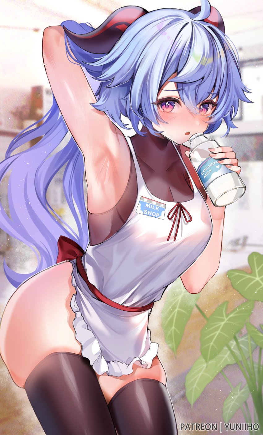 ahoge apron armpits bangs big_breasts black_legwear blue_hair blurry blush bottle breasts eyebrows_visible_through_hair female ganyu_(genshin_impact) hair_between_eyes hair_ribbon holding holding_bottle large_breasts long_hair looking_at_viewer purple_eyes ribbon sideboob solo standing thighhighs twitter_username water_bottle