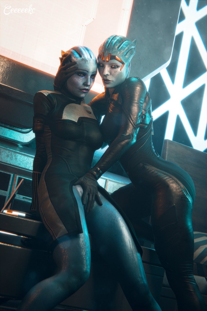 2girls 3d alien asari bioware ceeeeekc clothed female female_only fingering hand_on_pussy jpeg liara_t'soni looking_at_viewer mass_effect pussy pussy_peek rubbing_pussy samara tight_clothing yuri