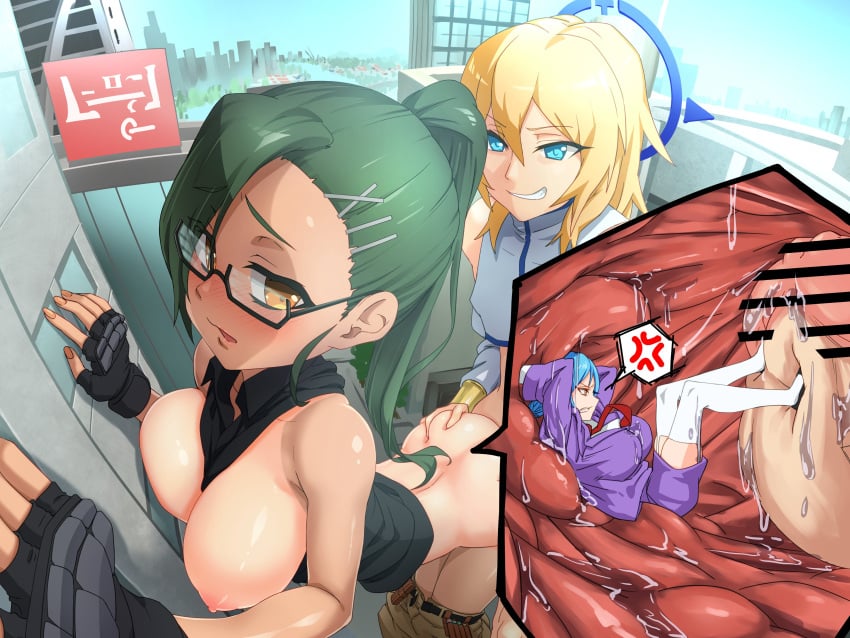 1boy 2girls ass ass_grab blonde_hair blue_eyes blue_hair blush breasts buriburiunchi22 censor_bar censored cervix commission fingerless_gloves giant giant_couple giant_male giantess glasses gloves green_hair grin halo macro medium_hair office_lady original partially_clothed penis ponytail pussy skeb_commission spoken_anger_vein straight thighhighs xray_view yellow_eyes