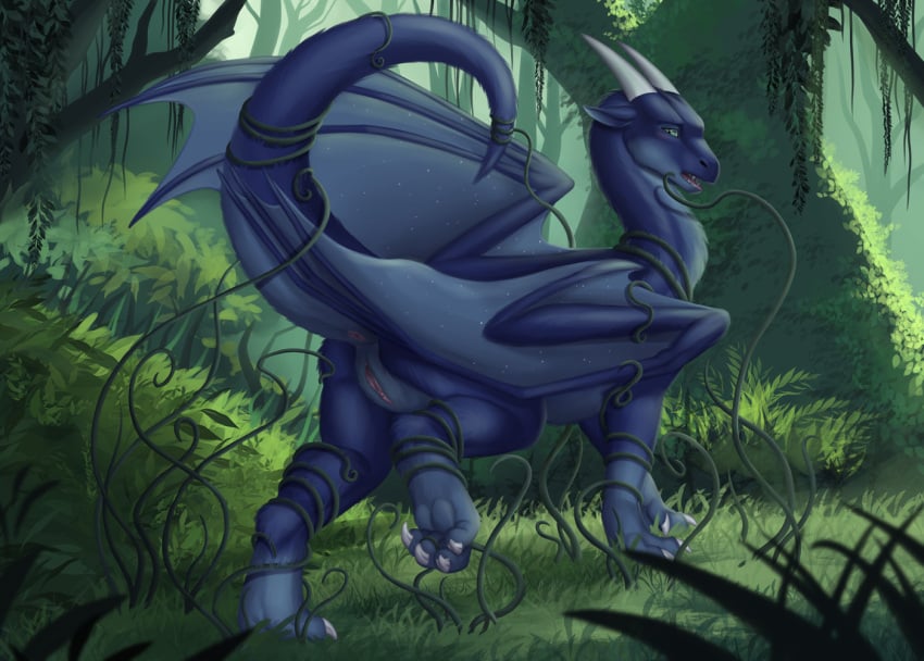 anus blue_body blue_scales claws dragon female feral forest forest_background fridaflame fur furred_dragon furred_scalie genitals grass grey_claws luna_(uhhhh_sure) mythological_creature mythological_scalie mythology nature nature_background pink_anus pink_pussy plant pussy scales scalie solo tentacle tree