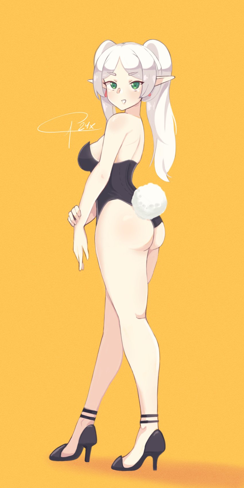 1girls ale24x ass bunny_tail bunnysuit clip_studio_paint_(medium) female female_only frieren frieren_beyond_journey's_end green_eyes looking_at_viewer small_breasts smile solo sousou_no_frieren standing twintails white_hair