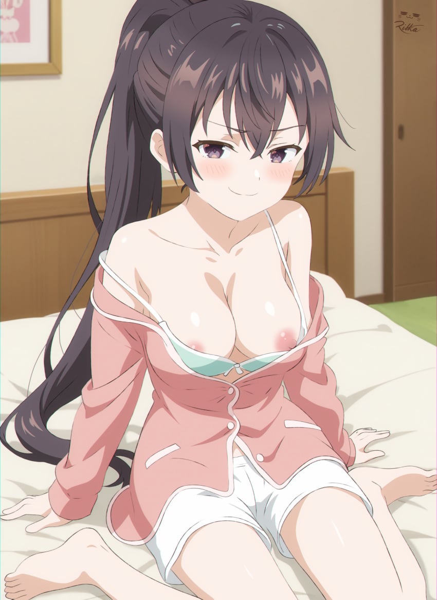 1girls bed bra breasts feet hi_res nipples on_bed pointy_chin seasonanimes smile smirk strap_slip suou_yuki tokidoki_bosotto_russian_de_dereru_tonari_no_alya-san