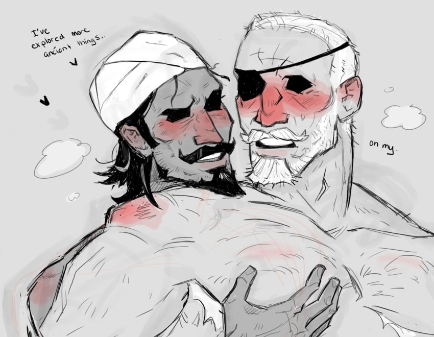 2024 2boys beard beard_stubble black_hair blush blushing_at_partner blushing_male blushing_profusely body_hair cel_shading chinstrap_beard dark-skinned_male darkest_dungeon eyepatch flirting gay grey_background holding_pecs human male male/male male_focus male_only man_at_arms_(darkest_dungeon) moustache naked naked_male no_genitals no_visible_genitalia obscured_eyes occultist_(darkest_dungeon) older older_male scars silver_fox sweat text top_surgery_scars turban van_dyke_beard white_hair wrinkles younger_dom_older_sub