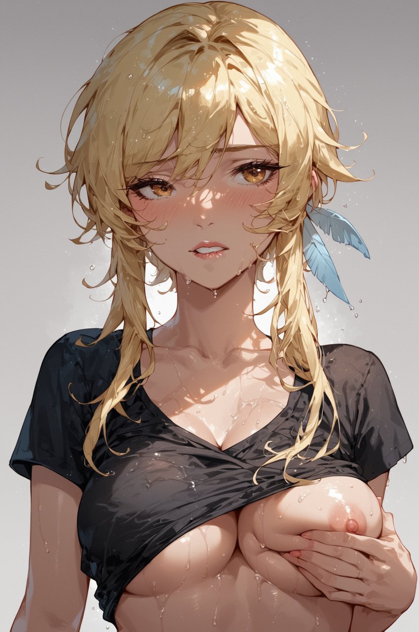 absurd_res ai_generated breasts breasts_out genshin_impact grabbing_own_breast lumine_(genshin_impact) ministro nipples nude wet wet_body wet_clothes wet_hair wet_shirt wet_skin