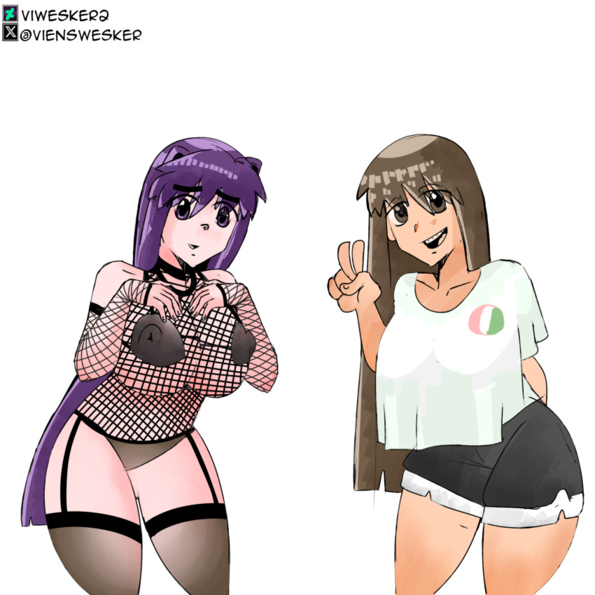 big_breasts braces brackets brown_eyes brown_hair brown_skin brown_skinned_female casual_clothes doki_doki_literature_club fishnet_armwear lenceria mexico naked_female oc purple_eyes purple_hair shorts smiling_at_viewer socks thick_thighs tshirt vi_wesker white_background yuri_(doki_doki_literature_club) yuridia_(vi_wesker)