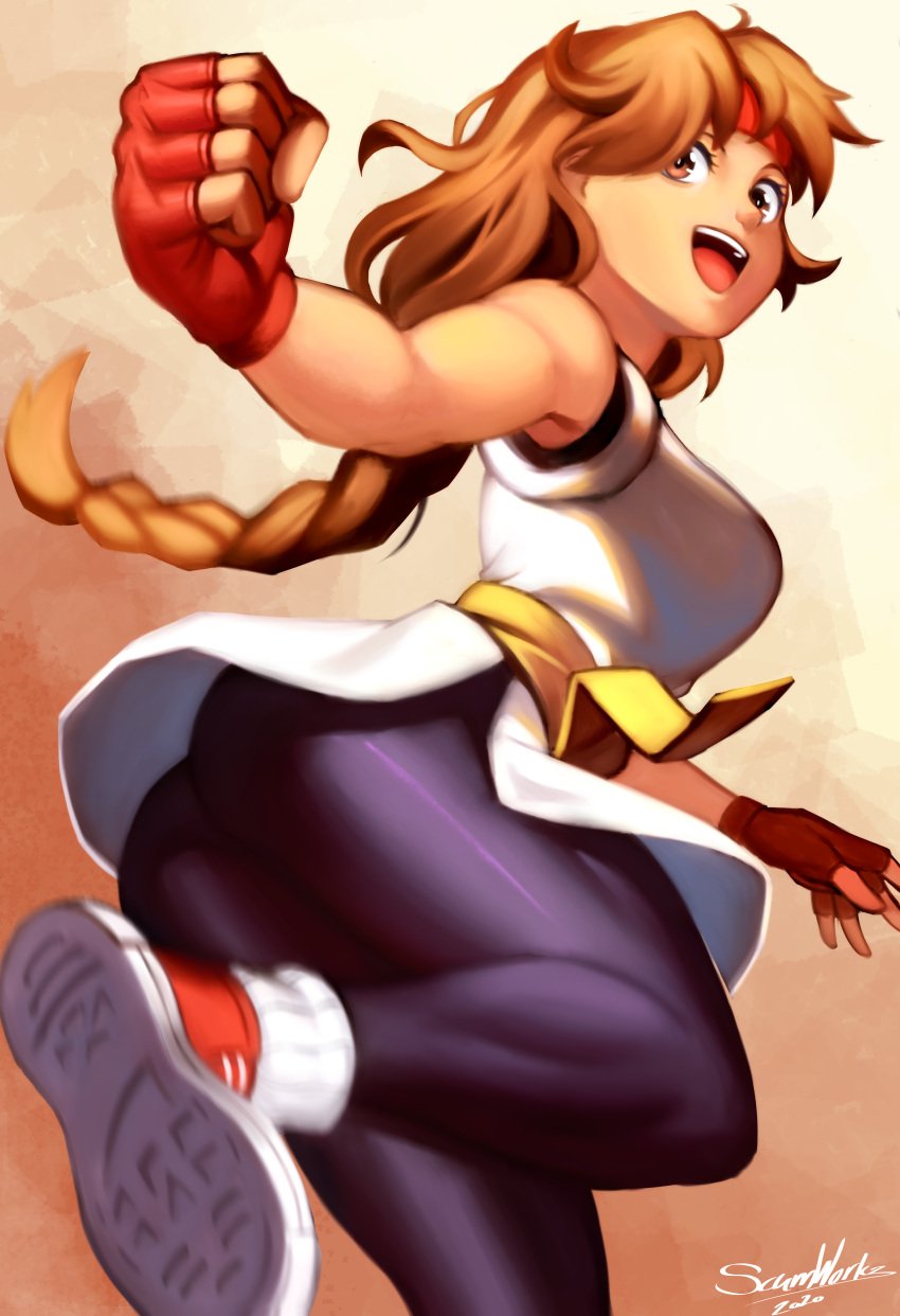 bandana belt big_ass big_butt braid brown_eyes brown_hair clothed from_behind gloves karate_gi king_of_fighters long_hair looking_back open_mouth pants ponytail red_bandana shoes sneakers socks thick_legs yoga_pants yuri_sakazaki