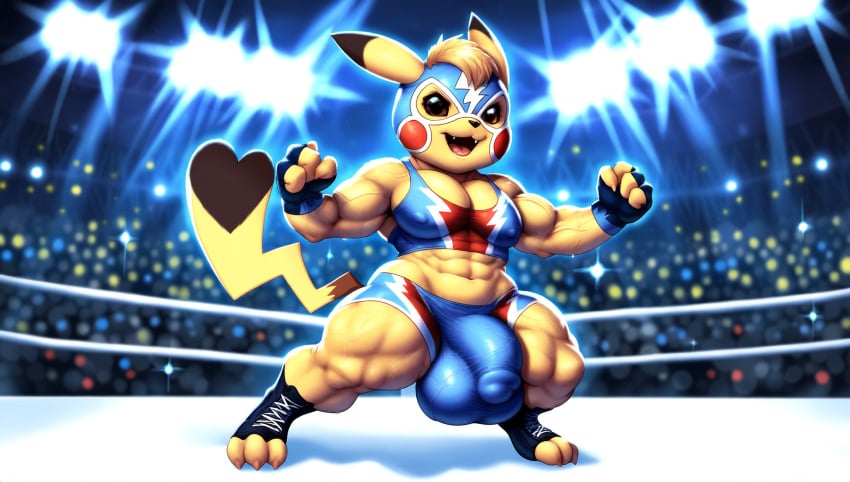 1futa 3_toes 4_fingers abs ai_generated anthro anthro_only audience balls_outline biceps brown_eyes cub cute digitigrade femboy fingerless_gloves futanari muscle_tone muscular muscular_anthro nai_diffusion nintendo nipple_outline pecs pectoral_bulge penis_outline performance pikachu pikachu_libre pokémon pokémon_(species) pokemon pokemon_(species) revealing_clothes shameless shortstack skintight small_but_hung solo stage_lights thick_thighs tight_bottomwear tight_topwear toeless_footwear veiny_muscles veiny_penis wide_hips wrestler wrestling_mask wrestling_outfit wrestling_ring young