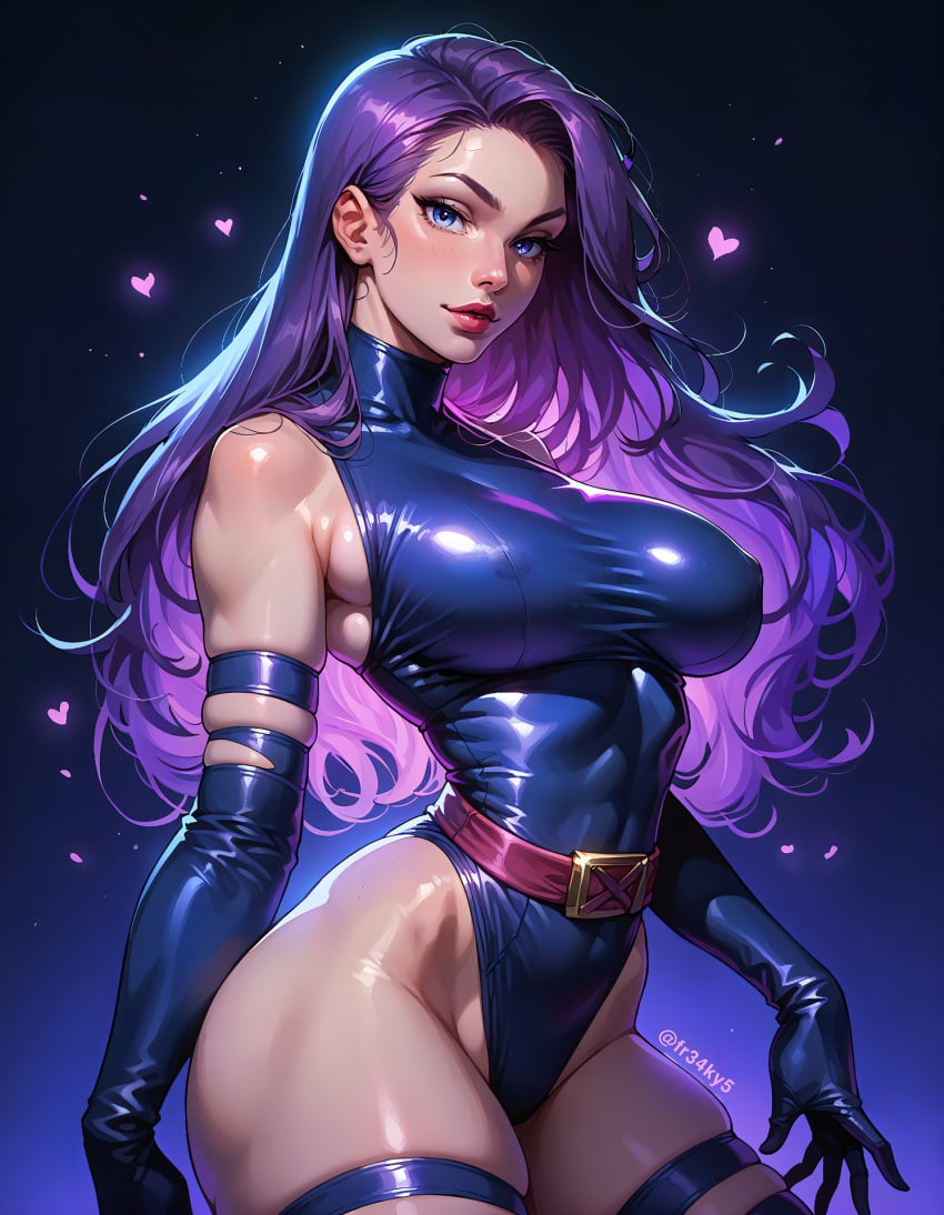 1girls ai_generated belt blue_eyes colored_inner_hair elbow_gloves eyelashes female fr34ky front_view glowing_eyes inner_hair legs leotard long_hair marvel marvel_comics perky_breasts psylocke purple_hair purple_theme red_belt solo superheroine thigh_strap upper_body violet_hair x-men