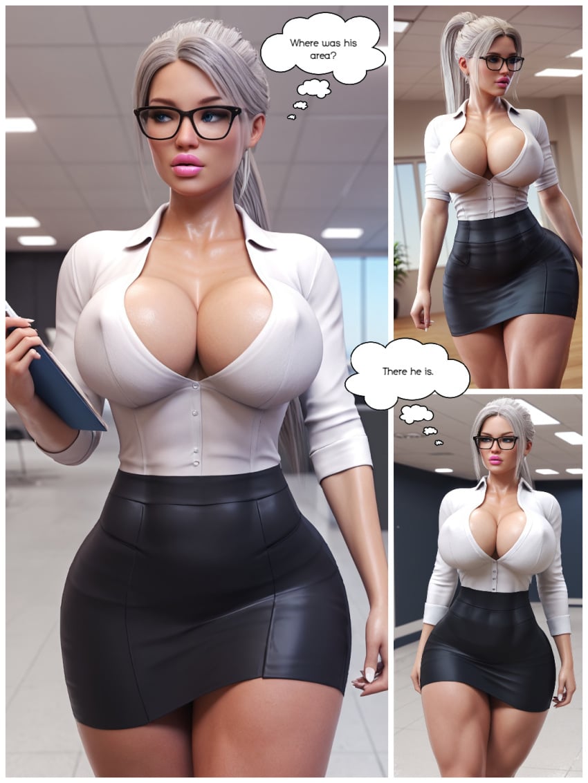 ai_generated amber_fawx athletic_female big_ass big_breasts bimbo blonde_hair comic comic_page glasses large_ass large_breasts muscular office office_lady proxyaiart