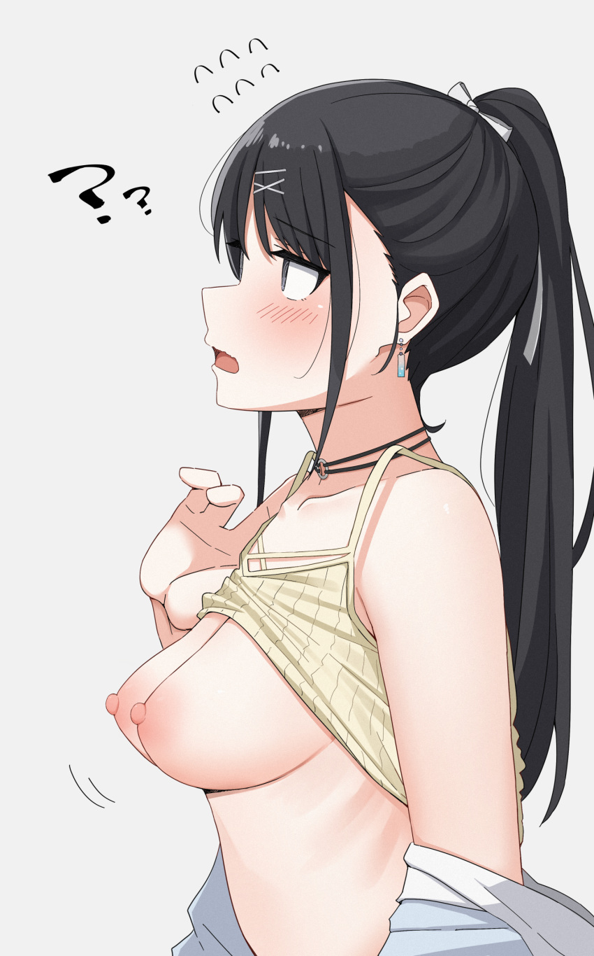 ? black_hair breasts_out confusion emu_1316 female_focus idolmaster idolmaster_shiny_colors kazano_hiori large_breasts long_hair no_bra ponytail shirt_lift