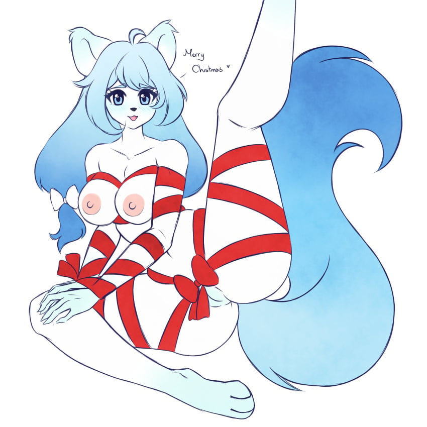 absurd_res anthro ava_(ddark) blue_eyes blue_hair bound breasts canid canine clothing feet female fox fur genitals hair hi_res inosagi looking_at_viewer mammal navel nude presenting presenting_pussy pussy pussy_tuft ribbons solo underwear white_body white_fur