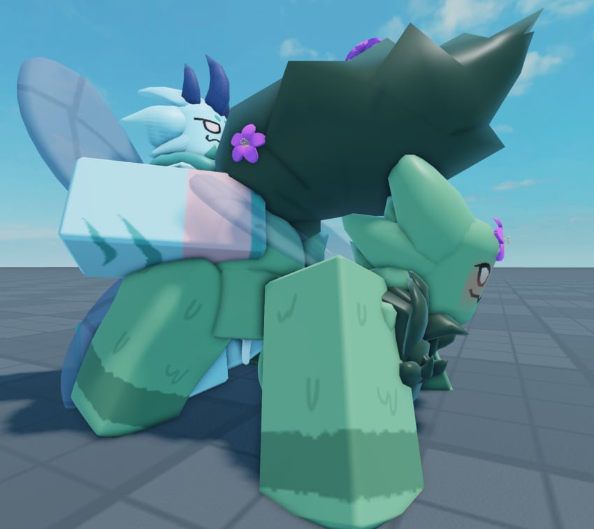 1boy 1boy1girl 1girls 3d blue_body blue_fur bush bushy_tail cum cum_drip cum_in_pussy cum_inside female_penetrated figs_(kaiju_paradise) flower flowers_on_head green_body green_fur kaiju_paradise made_using_roblox male/female male_penetrating male_penetrating_female penetration plantix_(kaiju_paradise) roblox self_upload uwu_cat_(artist) vaginal_penetration