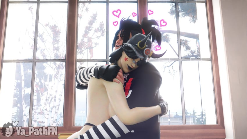 3d black_hair black_lips blender epic_games fanatic_(fortnite) fortnite goth hat heart heart_symbol hugging smile ya_path yoshida_(ya_path)