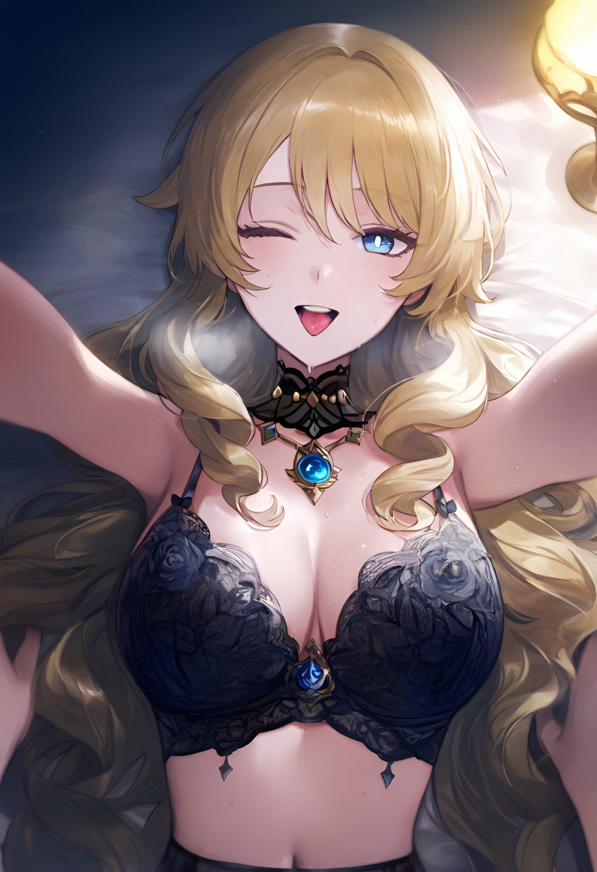 1girls ai_generated black_bra blonde_hair blue_eyes blush bra breasts busty cleavage genshin_impact laced_bra large_breasts light-skinned_female light_skin lingerie long_hair looking_at_viewer mihoyo navia_(genshin_impact) open_mouth pov pov_eye_contact pov_hands seductive selfie smile solo sweat tommy_(artist) tongue_out wink winking_at_viewer