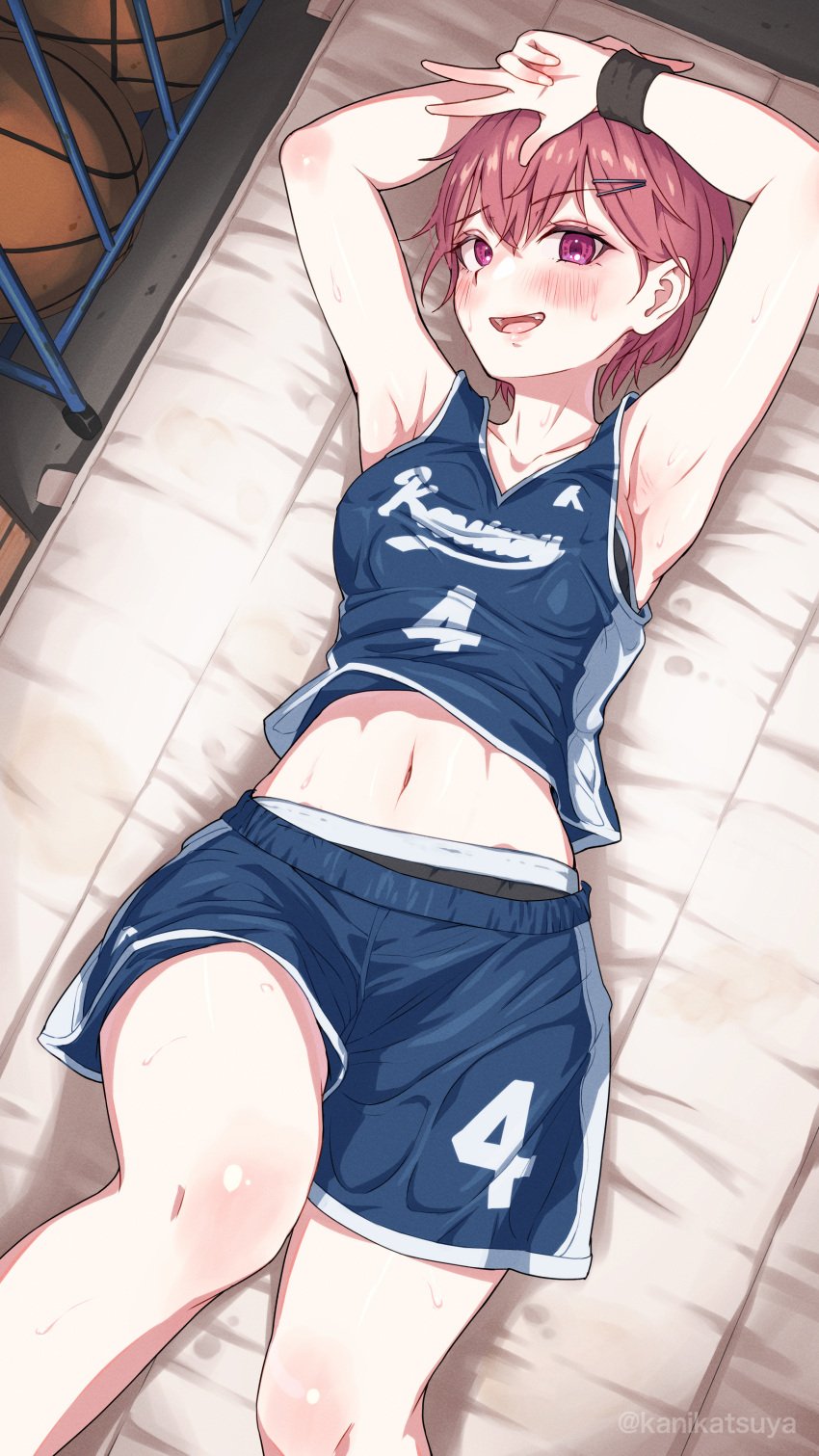 absurdres armpits basketball_uniform black_bra black_panties bra bra_peek female highres kanikatsuya lying midriff on_back original panties panty_peek pink_eyes red_hair short_hair short_shorts shorts solo sportswear sweat underwear v