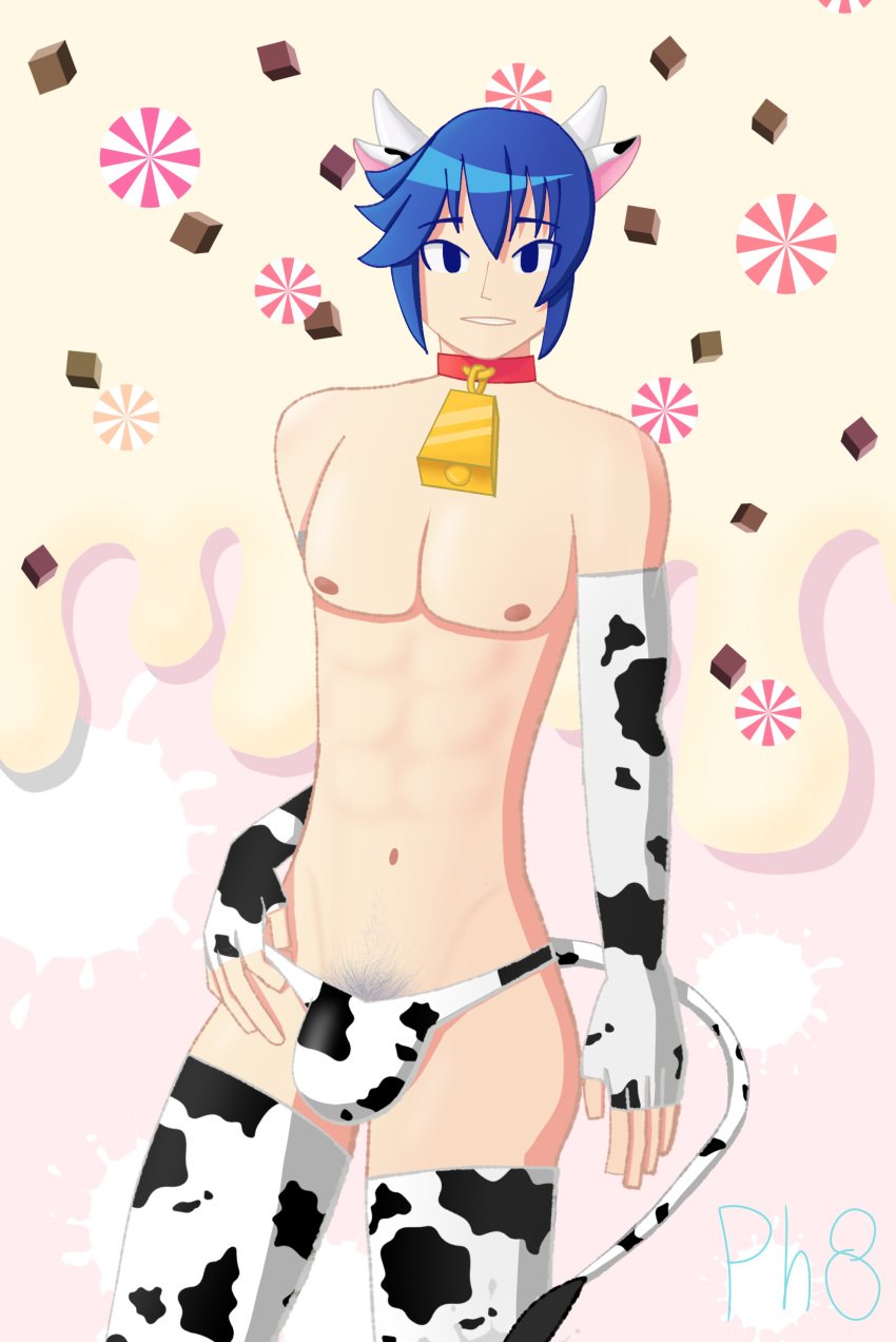 1boy animal_print bell blue_hair collar cow_costume cow_ears kaito_(vocaloid)