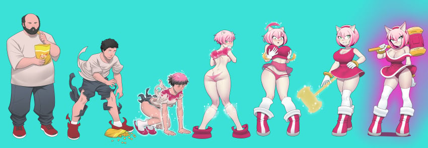 amy_rose anonymous_artist cleavage gender_transformation genderswap_(mtf) green_eyes hammer hedgehog hedgehog_girl hedgehog_humanoid hopetg large_ass large_breasts long_eyelashes male_to_female original_character pale_skin pantyshot pink_hair red_dress rule_63 sonic_(series) sonic_the_hedgehog_(series) thick_thighs transformation transformation_sequence