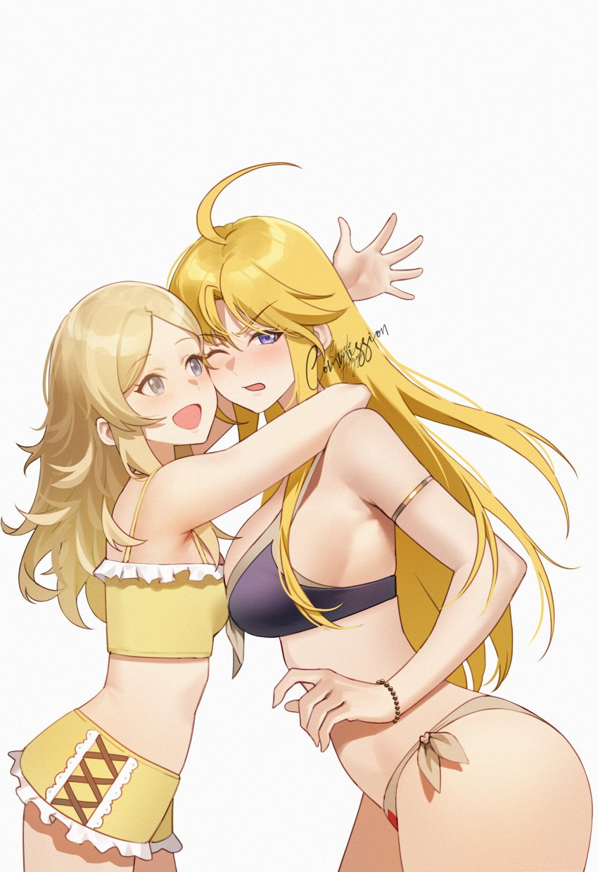 2girls :d absurdres ahoge alternate_hairstyle angry annoyed armlet asymmetrical_docking bikini blonde_hair blush bracelet breast_press breasts clarisse_(fire_emblem) commission female female_only fire_emblem fire_emblem:_new_mystery_of_the_emblem fire_emblem_awakening grey_eyes happy highres hug jewelry large_breasts lissa_(fire_emblem) long_hair multiple_girls nintendo one_eye_closed open_mouth parted_bangs purple_eyes shizuko_hideyoshi simple_background small_breasts smile swimsuit v-shaped_eyebrows white_background yellow_bikini yellow_swimsuit