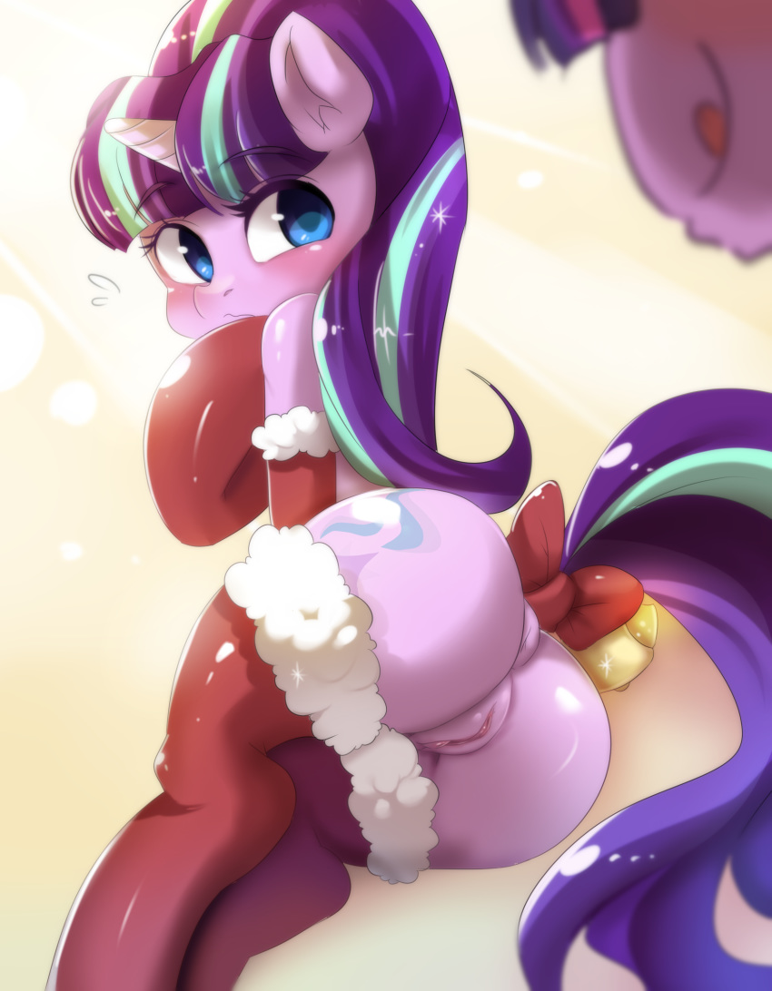 2015 ass blue_eyes blush christmas cutie_mark duo equine female feral freedomthai friendship_is_magic fur highres holidays horn licking licking_lips long_hair looking_back mammal multicolored_hair my_little_pony nervous pink_fur pussy ribbons simple_background solo_focus starlight_glimmer tail_bow tail_ribbon thighhighs tongue tongue_out twilight_sparkle_(mlp) two_tone_hair unicorn